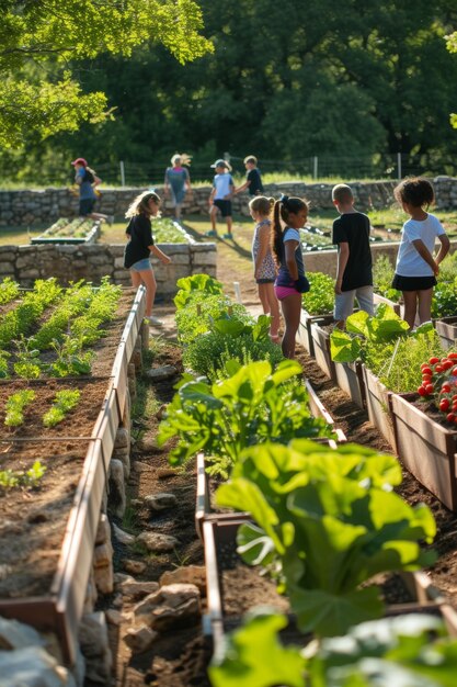 Uma escola que executa um programa de jardim-cafetaria educando as crianças sobre produção alimentar sustentável e alimentação saudável