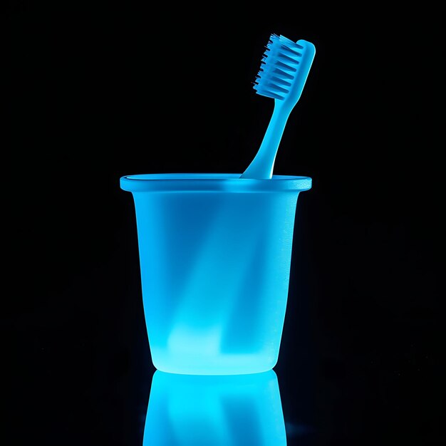 Foto uma escova de dentes azul num copo com uma luz azul