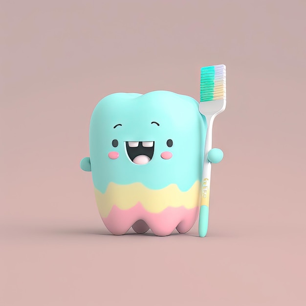 Uma escova de dentes com um personagem de desenho animado que está sorrindo e tem uma escova de dentes azul.