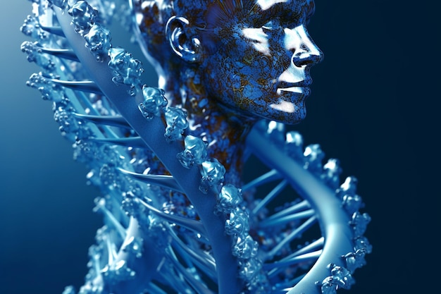 Uma escultura azul de um ser humano com uma fita de DNA.