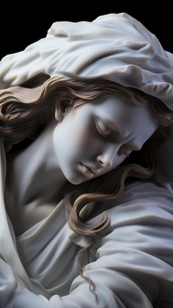 uma escultura branca de uma mulher com cabelos longos e cabelos compridos.