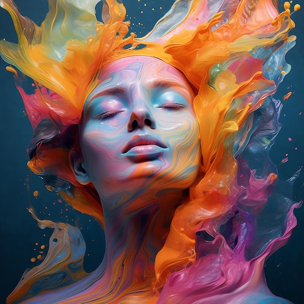 Uma escultura brilhante de uma senhora adornada com tinta líquida colorida em seu rosto