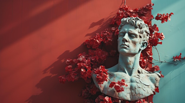Uma escultura clássica de uma figura masculina é dramaticamente adornada com flores vermelhas contra um