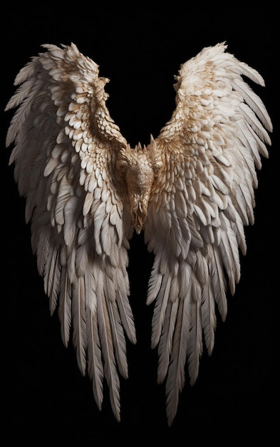 Uma escultura de asas brancas de anjo com a palavra anjo nela.