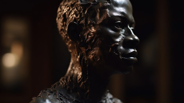 Uma escultura de bronze de uma mulher com rosto negro e a palavra 'black' na frente.