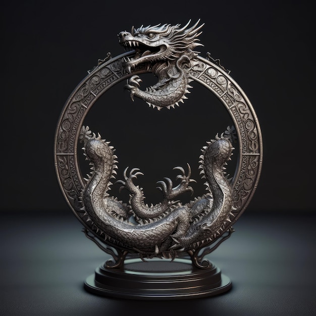 Uma escultura de dragão com um anel no meio