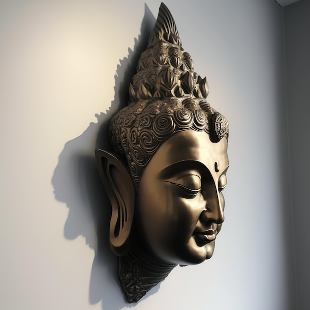 Uma escultura de parede branca de um rosto com cabeça de Buda Gautama como mural para decoração de casa, etc.