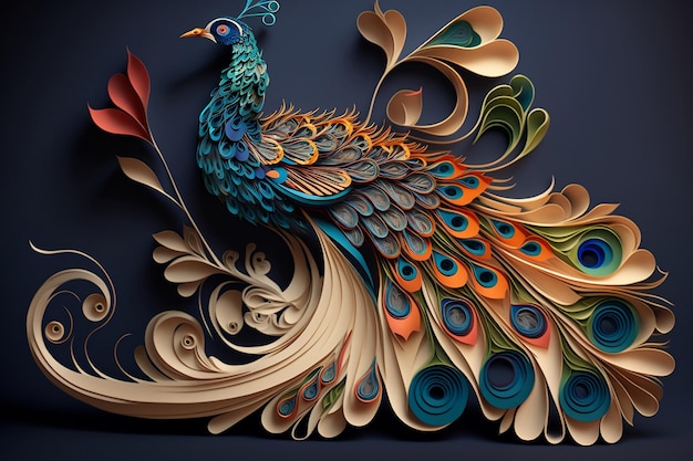 Uma escultura de pavão em papel digital quilling arte ilustração digital gerada por IA