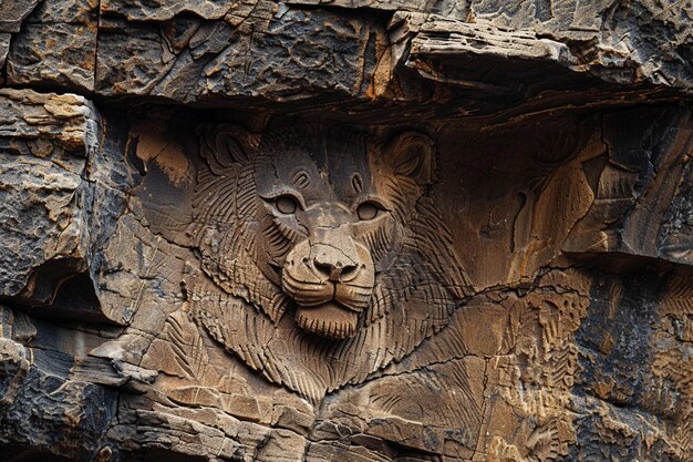 uma escultura de pedra de uma cabeça de leão está em uma rocha