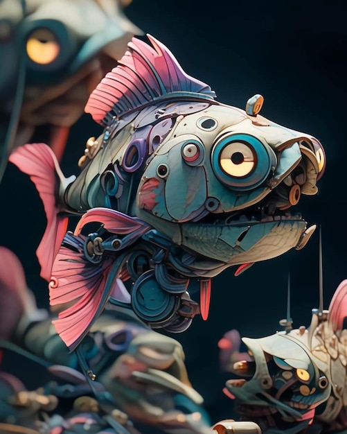 Uma escultura de peixe com um rosto azul e rosa e um olho rosa.