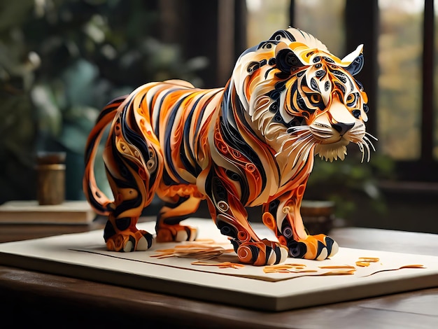 Uma escultura de tigre meticulosamente feita com intrincados redemoinhos e cachos de papel colorido