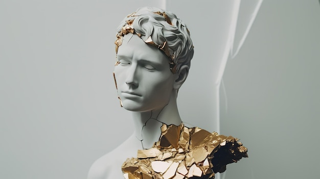 Uma escultura de um busto clássico com rachaduras douradas fundindo arte atemporal com estética moderna ideal para temas de história, arte e transformação
