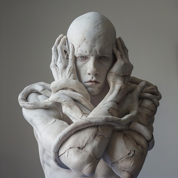 Foto uma escultura de um homem com as mãos na cabeça