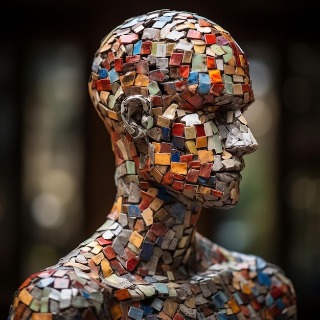 uma escultura de um homem com um mosaico colorido sobre ele