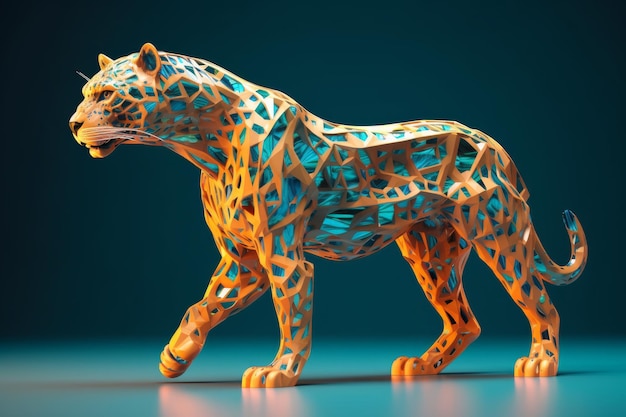 Uma escultura de um leopardo com fundo azul.