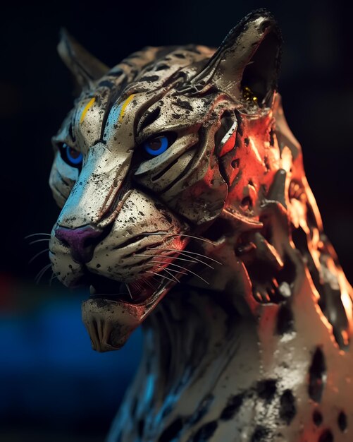 Uma escultura de um tigre com olhos azuis