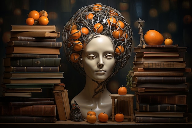 Uma escultura de uma cabeça de mulher cercada de laranja e livros