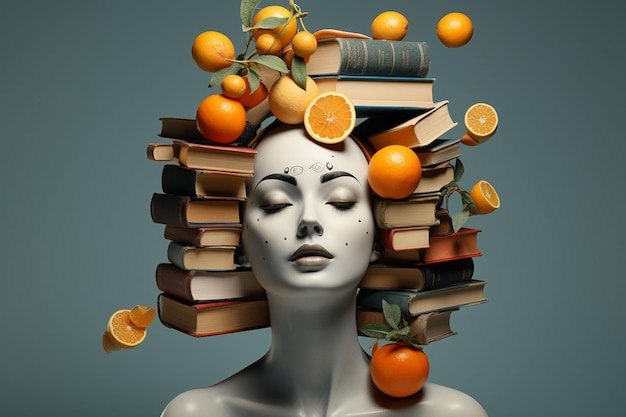 Uma escultura de uma cabeça de mulher cercada de laranja e livros