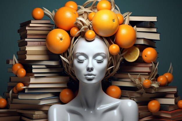 Uma escultura de uma cabeça de mulher cercada de laranja e livros