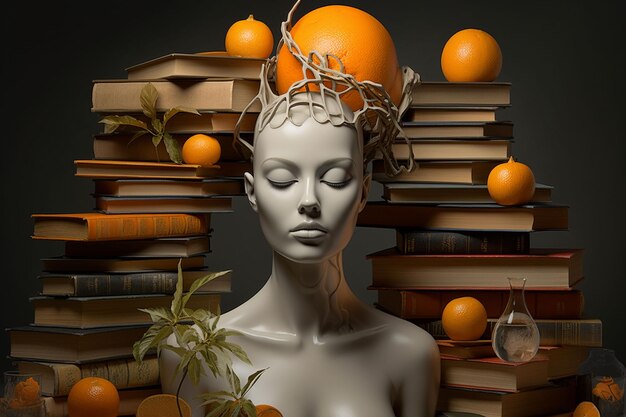 Uma escultura de uma cabeça de mulher cercada de laranja e livros