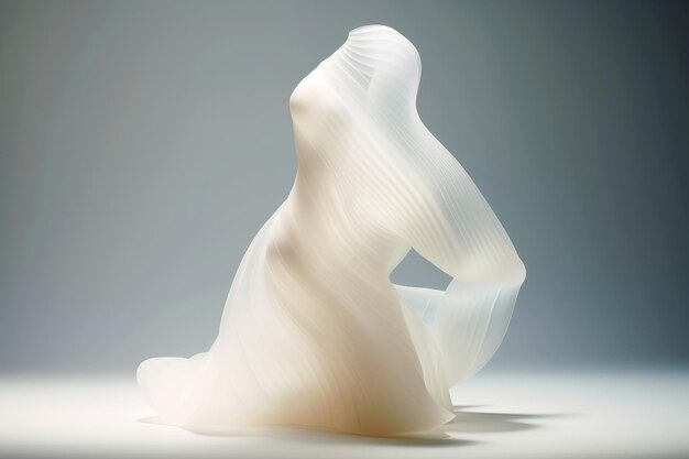 Uma escultura de uma mulher com um vestido branco