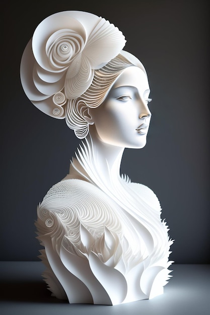 Uma escultura de uma mulher com uma cabeça grande e uma grande flor no cabelo