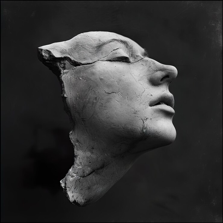 Foto uma escultura de uma mulher com uma cabeça que diz rosto