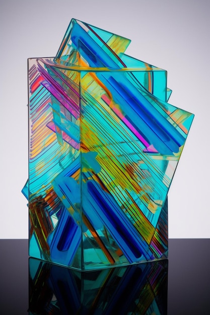 Uma escultura de vidro com um desenho azul e amarelo.