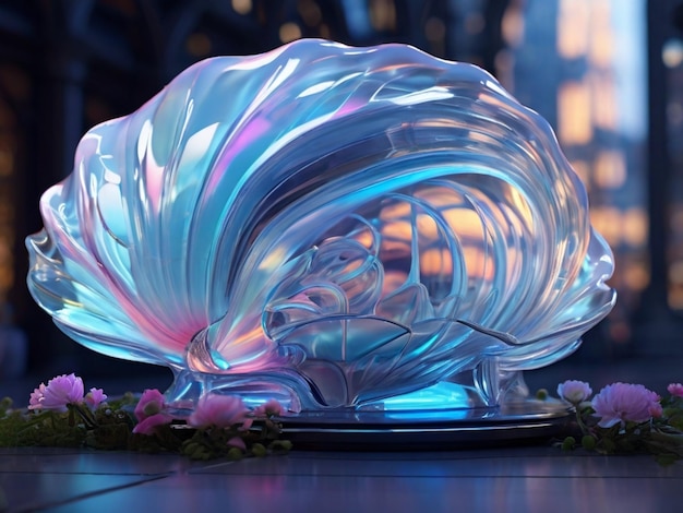 uma escultura de vidro com um redemoinho azul e rosa