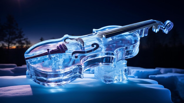 Uma escultura de violino gelado dentro de um bloco de gelo cristalino situado em uma paisagem invernal sob a aurora boreal