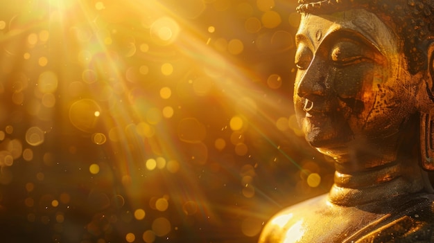 Uma escultura dourada de Buda irradiando paz e serenidade sob os quentes raios do sol