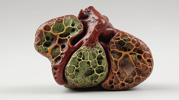 Uma escultura em cerâmica de um coração com uma cor verde e vermelha.