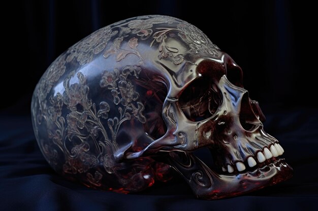 Foto uma escultura em forma de crânio feita inteiramente de vidro em um pano de veludo escuro