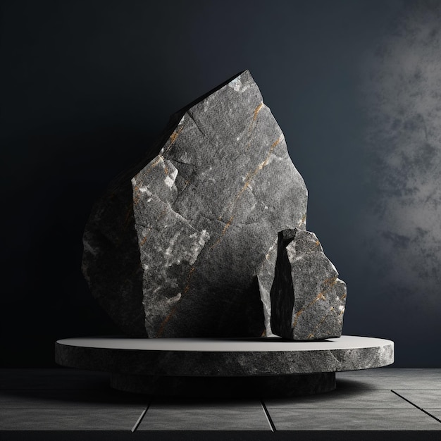 uma escultura em pedra com fundo preto e fundo cinza.