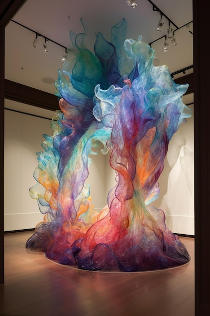 Uma escultura feita de tecido colorido está pendurada em uma galeria.