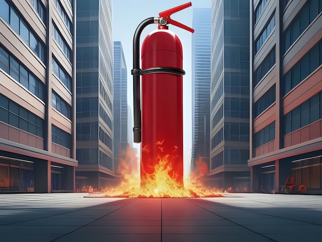 Foto uma escultura gigante de um extintor de incêndio cercada por edifícios modernos e elegantes ilustração 3d