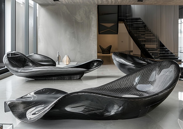 uma escultura preta e prateada de um objeto em forma de baleia está no chão