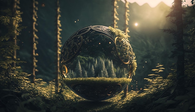 Uma esfera com uma floresta nela