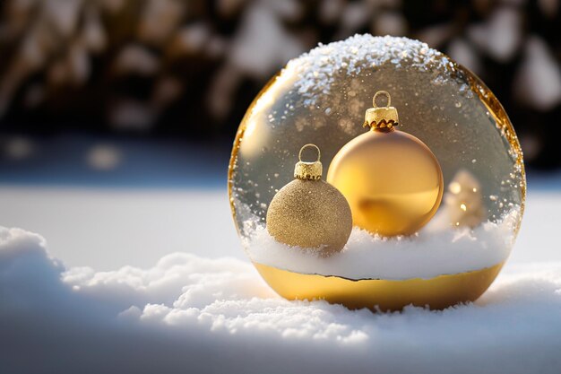 Foto uma esfera de vidro com decorações douradas de natal em neve recém-caída espaço para mensagem ou texto