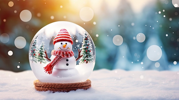Foto uma esfera de vidro de natal descansando em um chão nevado contendo um boneco de neve dentro de uma cena invernal ia generativa