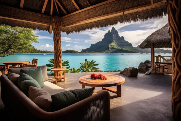 Uma espaçosa sala de estar com uma vista deslumbrante do oceano sereno Vista Bungalow Bora Bora AI Generated