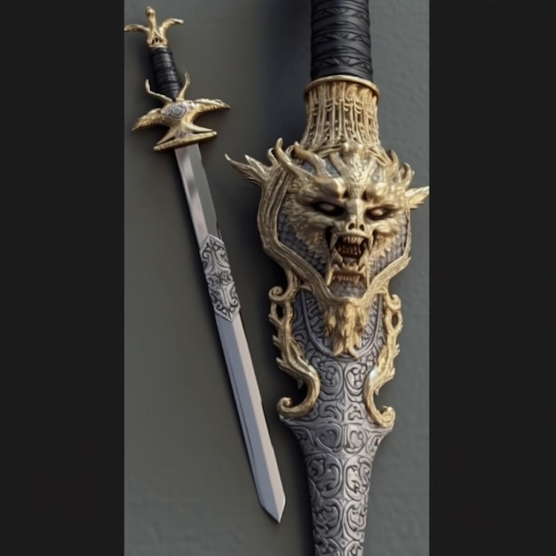 uma espada com uma cabeça de leão ao lado de um dragão.
