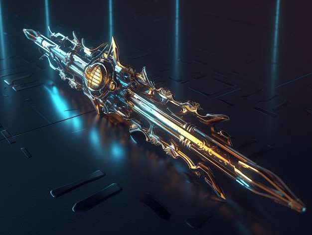 Uma espada com uma lâmina grande e uma lâmina grande com um desenho de ouro.