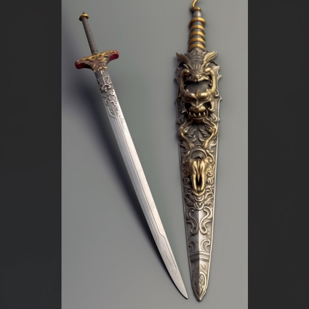uma espada de prata com cabo vermelho e dourado.