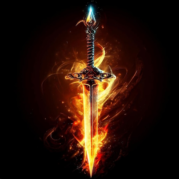Uma espada está acesa com uma chama e a palavra espada nela.