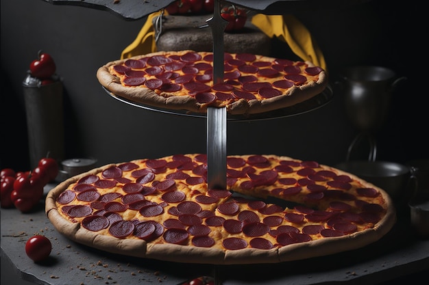 Uma espada gigante em forma de pizza com crosta dourada