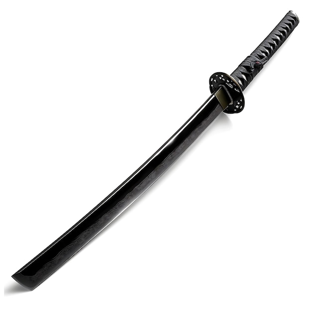 Foto uma espada preta com uma alça preta está deitada em uma superfície branca
