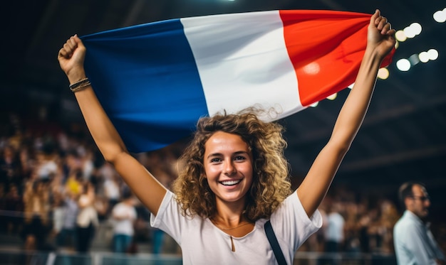Uma espectadora esportiva excitada segurando uma bandeira da França em um estádio esportivo