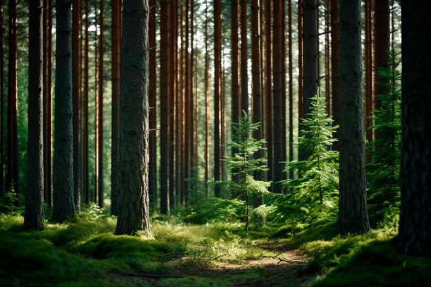 Uma espessa floresta de coníferas revela espaços verticais apertados em meio aos troncos de árvores sempre verdes