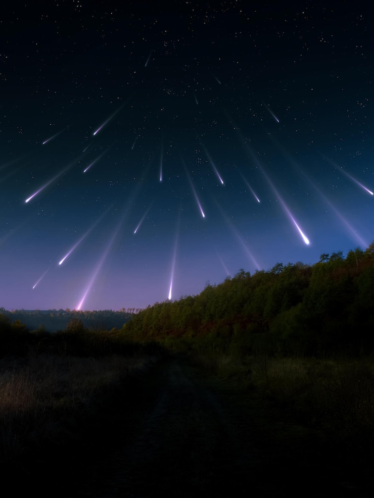 Foto uma espetacular chuva de meteoros no céu acima das colinas.